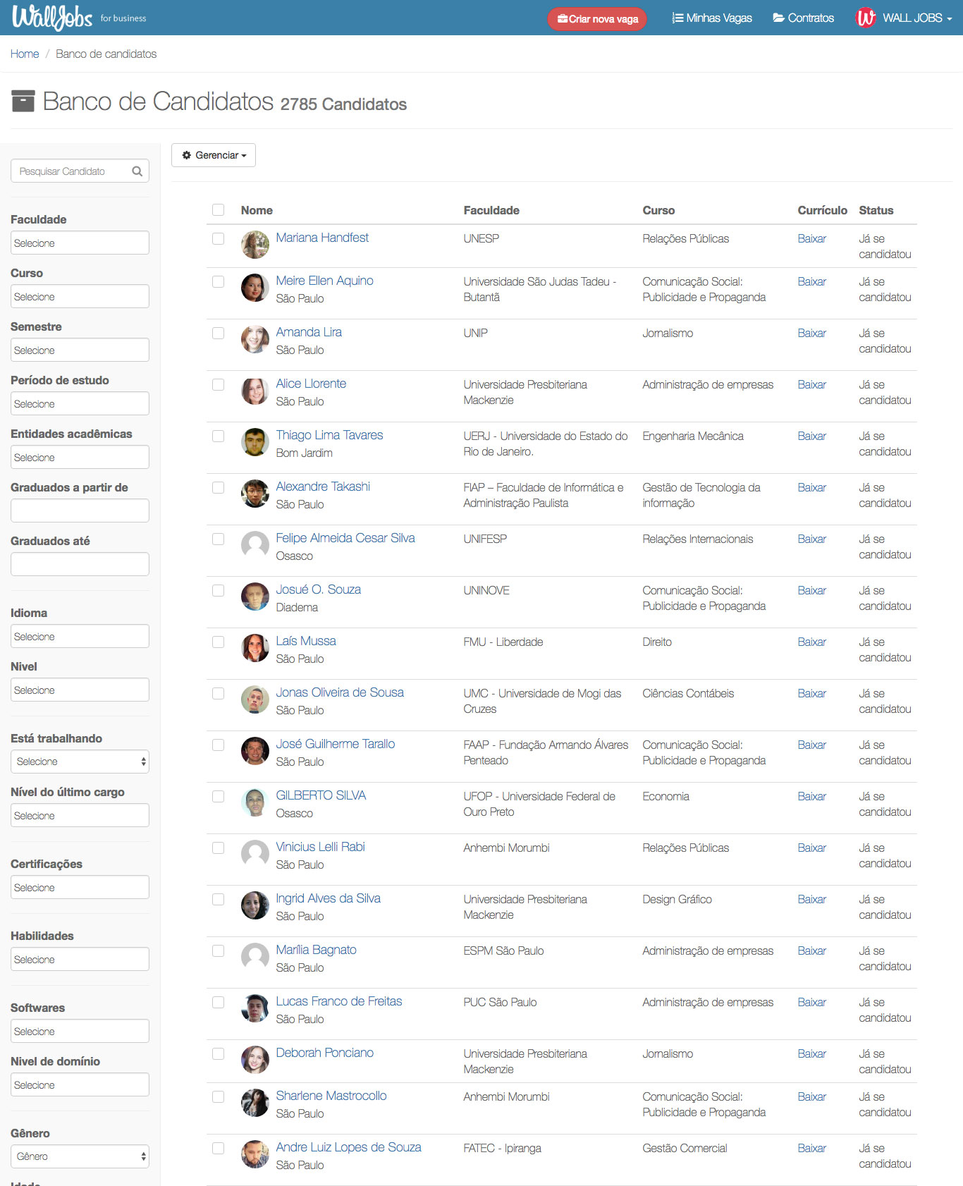 Exemplo de página de banco de candidatos na plataforma WallJobs
