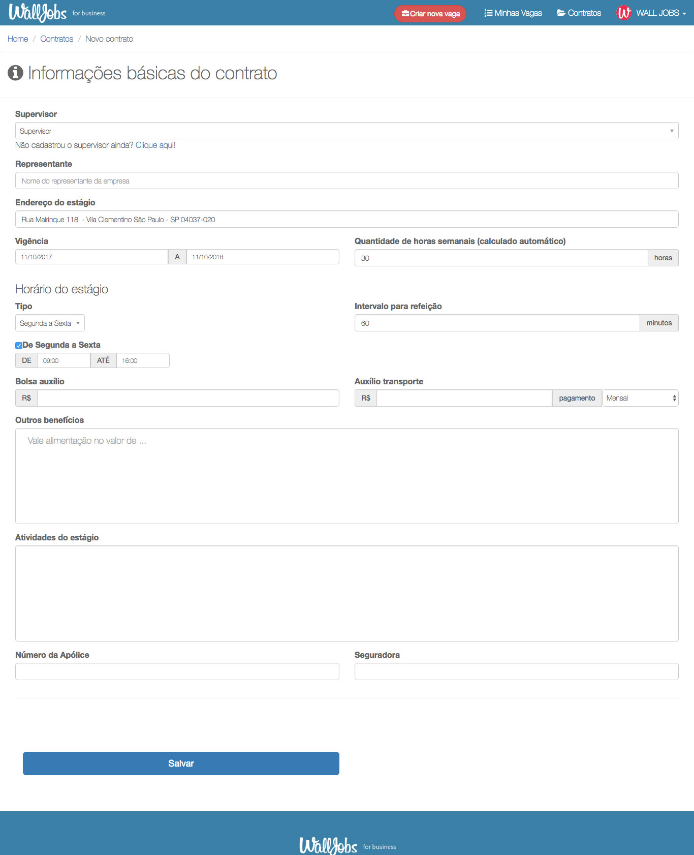 Exemplo da página de criação de um contrato na plataforma WallJobs