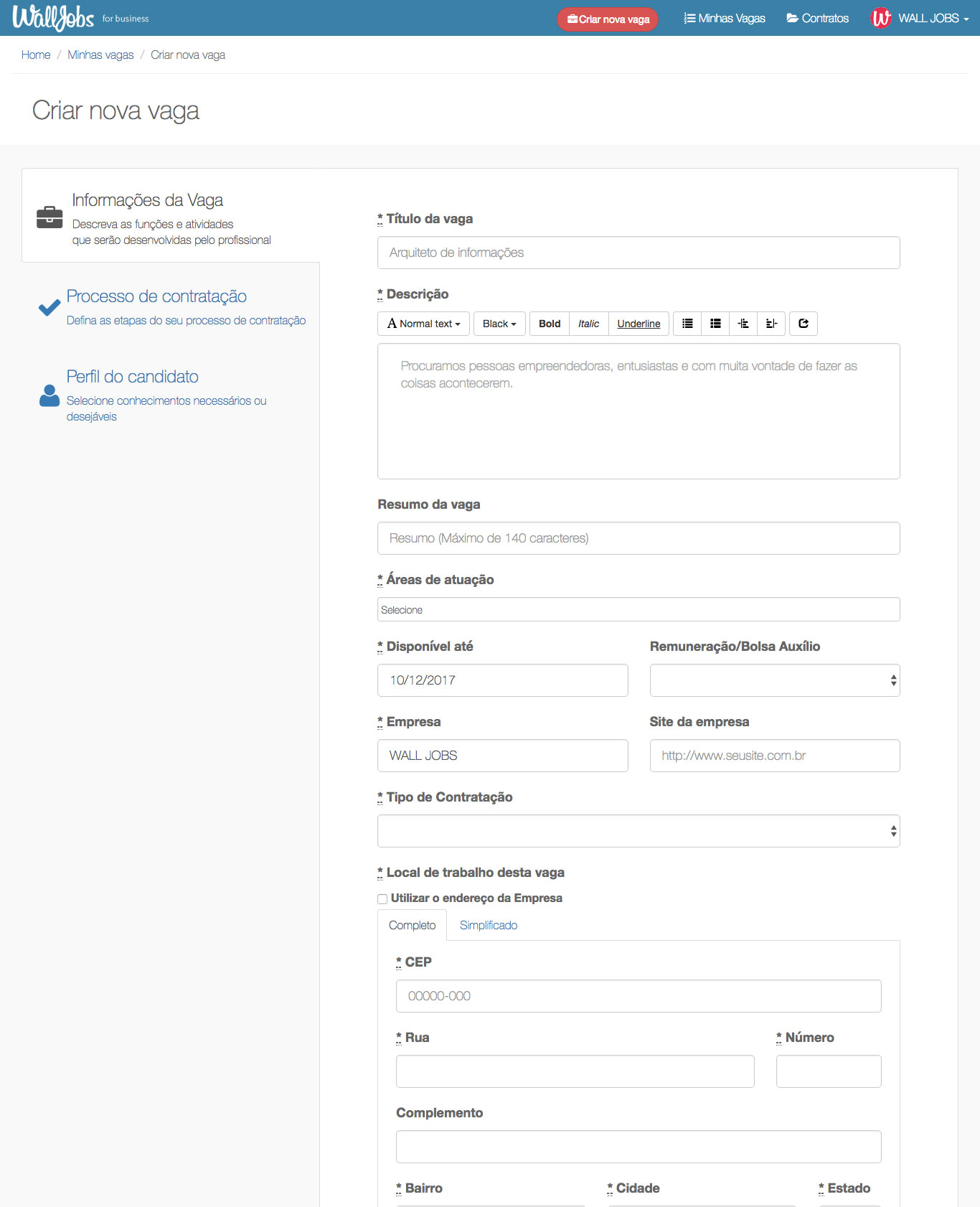 Exemplo da página de criação de uma nova vaga na plataforma WallJobs