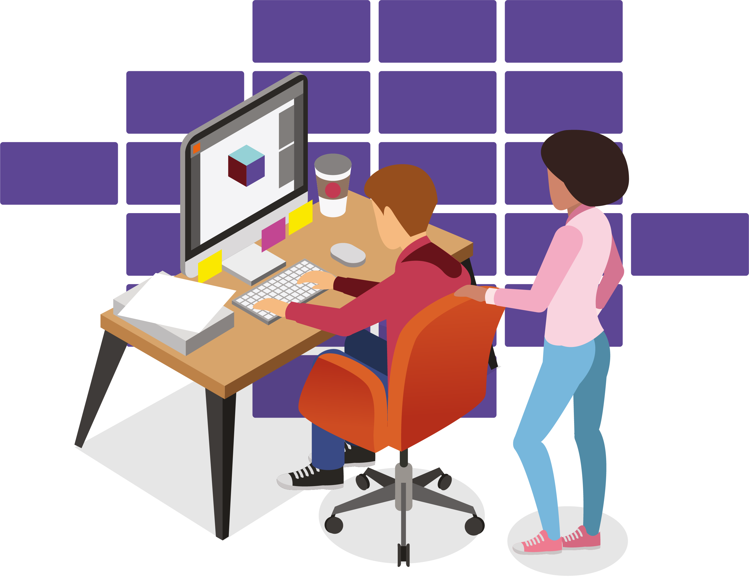 ilustração de estudantes, um sentado e outro em pé, buscando vagas de estágio no computador